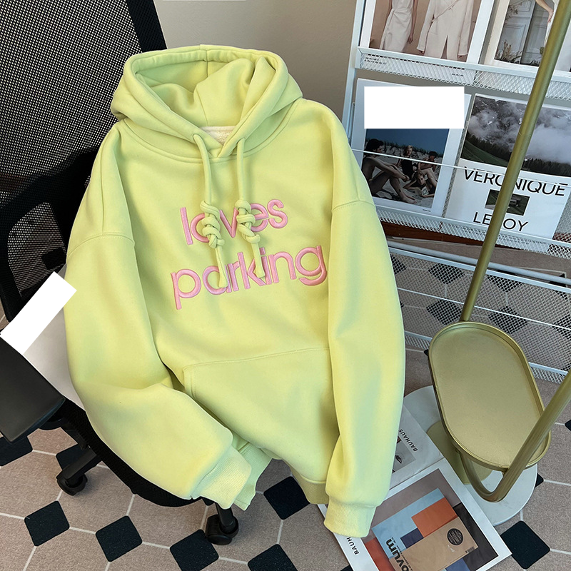 Women's Clothing plush sweatshirt with embroidered flowers for autumn and winter warm tops, thickened and loose large size women's hooded sweatshirt_voghion.com