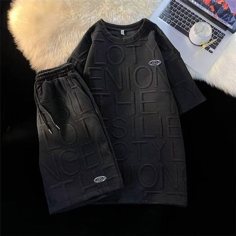 Man's Clothing New Casual Sports Suit Men's And Women's Waffle College Style Short Sleeve T-Shirt Loose Letter Shorts Summer Two-Piece Set_voghion.com