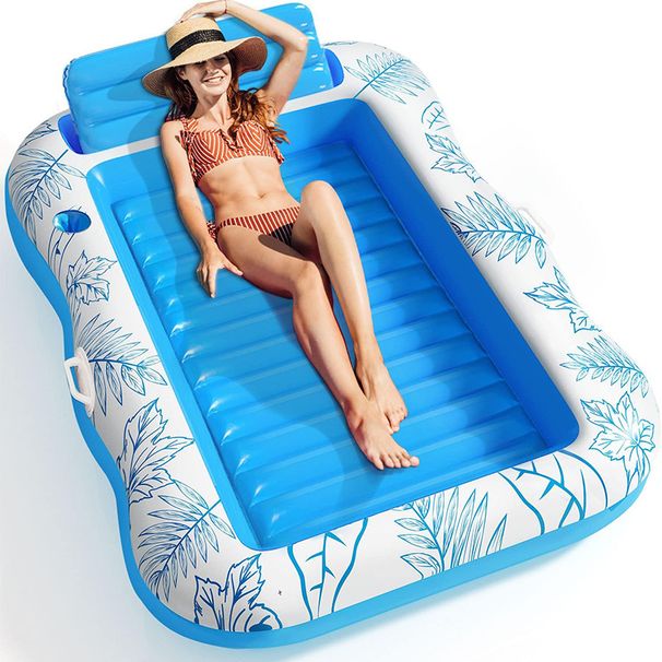 PVC Inflatable Pool Float For Two - Sunbathing Lounge With Headrest & Cup Holders (Leaf & Heart Design Heavy-Duty For Adults)_voghion.com