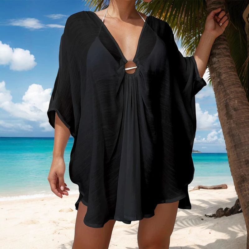New Solid Color Cover-Up Round Neck V-Neck Batwing Sleeve Hawaiian Beach Vacation Sunscreen Dress_voghion.com