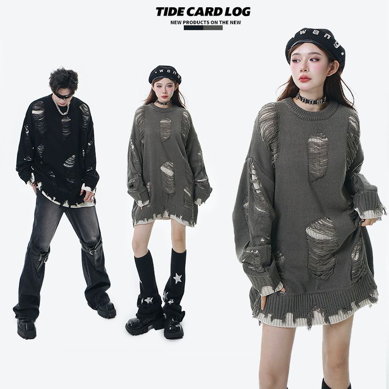 Men's TIDE CARD LOG|Autumn and winter oversize lazy style American retro fake two-piece hole sweater for women long sleeves_voghion.com