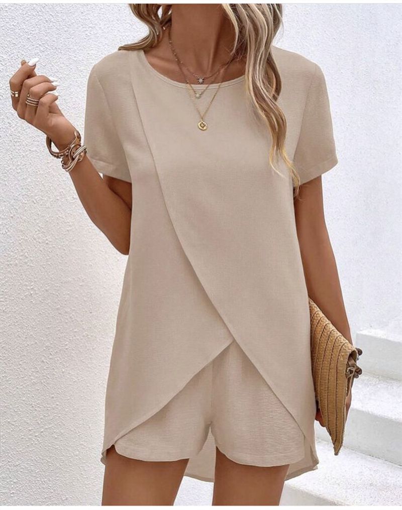 Women's spring and summer new solid color women's suit irregular top shorts two-piece suit_voghion.com