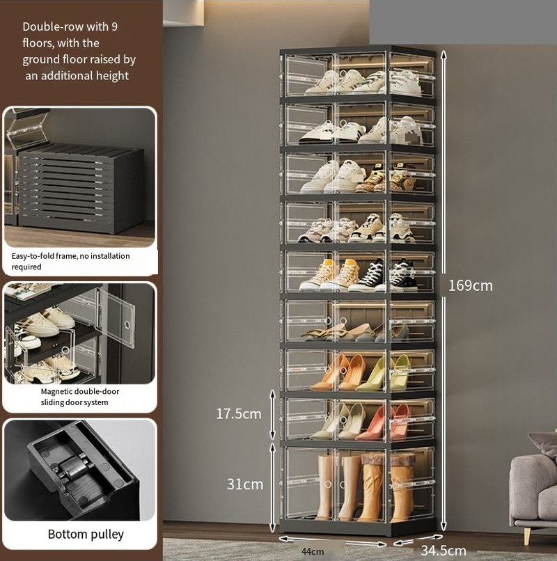 ​Foldable Shoe Organizer No Assembly Required Pull To Open Multi-Layer Large Capacity Shoe Storage Box Plastic Transparent Design_voghion.com