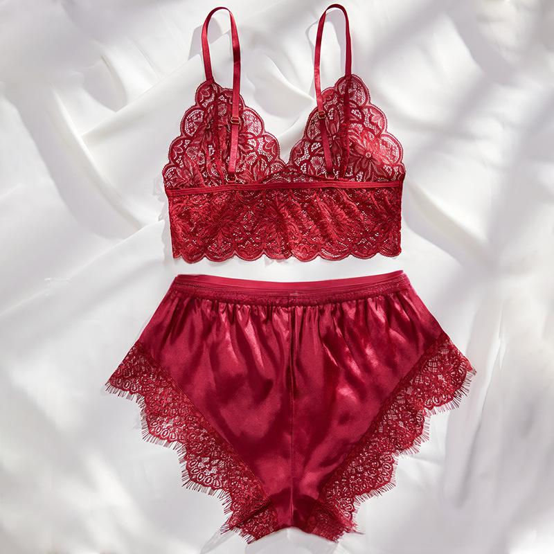 Women's Intimates Wine Red Perspective Lace Passion Temptation Style Satin Splicing Sexy Underwear Two Piece Suit_voghion.com