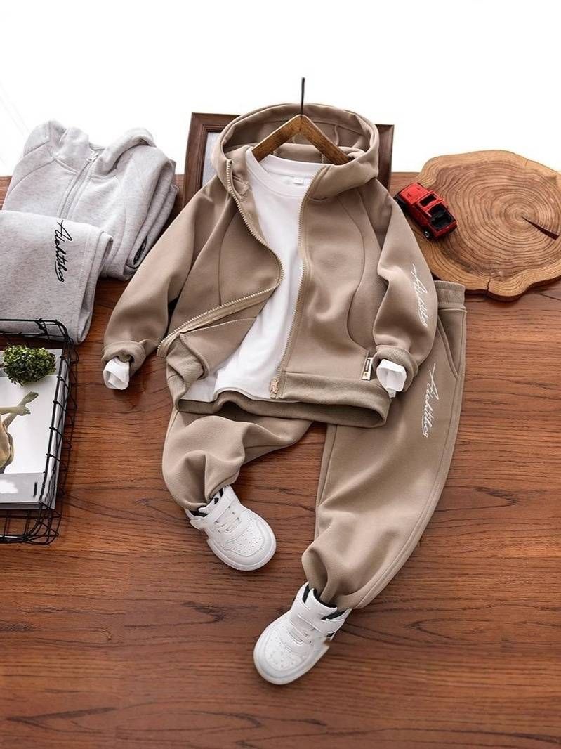 Boys' Trendy Hooded Tracksuit Set - Soft Polyester Casual Outfit For Kids (3-8 Years) - Stylish Two-Piece Pullover & Pants With Letter Print_voghion.com