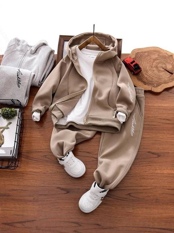 Boys' Trendy Hooded Tracksuit Set - Soft Polyester Casual Outfit For Kids (3-8 Years) - Stylish Two-Piece Pullover & Pants With Letter Print_voghion.com