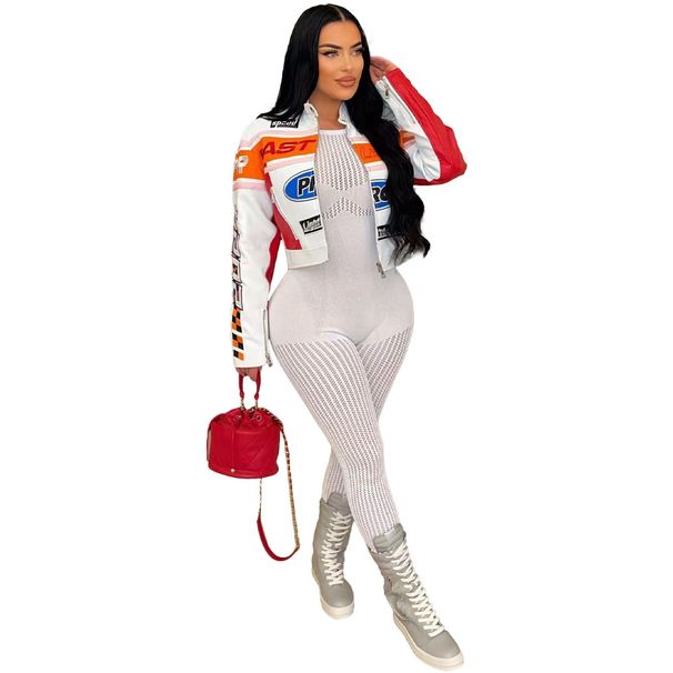 Streetwear Zip-Up Stand Collar Jacket – Cropped Polyester Bomber With Bold Prints (White, Black)_voghion.com