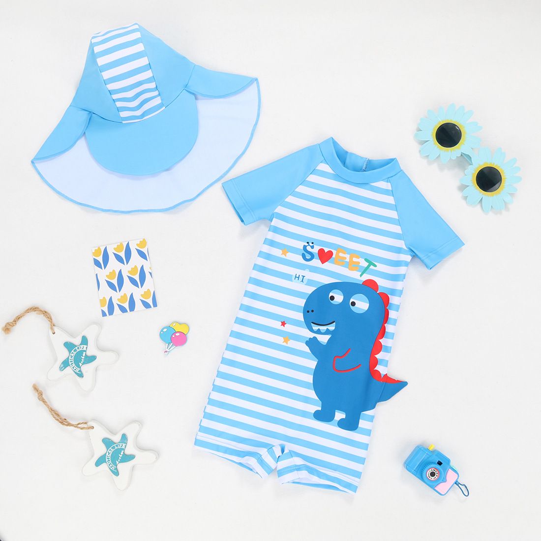 Maillot de bain pour enfant, maillot de bain pour garçon, une pièce, short à manches longues, chapeau de soleil, protection solaire, petit col montant, fermeture éclair, imprimé océan_voghion.com