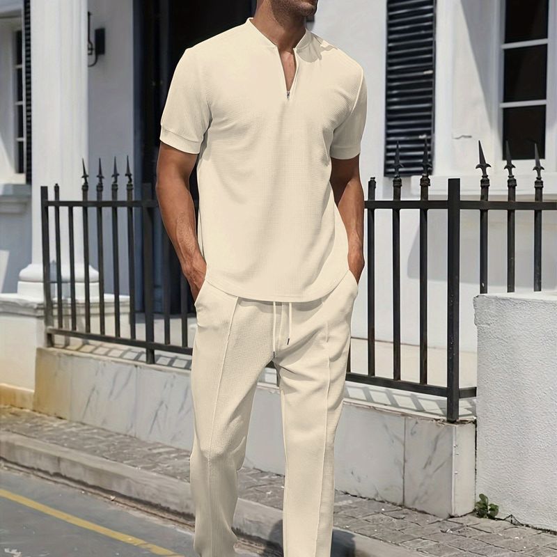 Men's Clothing New Short Sleeved Suit Men's Autumn Youth Waffle Zipper Stand Collar Polo Shirt + Trousers Men's Casual Suit_voghion.com