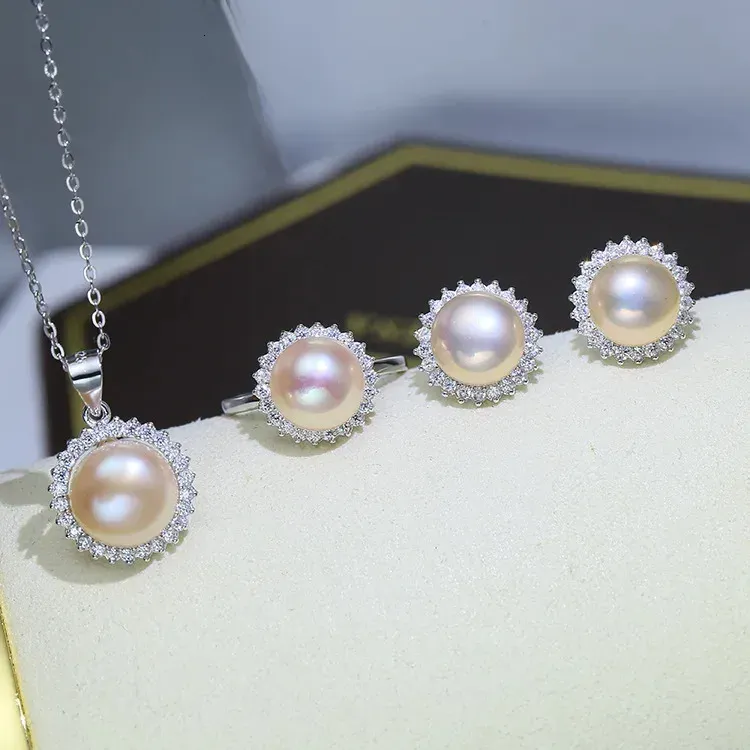 MeiBaPJ Set di gioielli da sposa in argento sterling con fiore di sole e perle d'acqua dolce naturali, anello e orecchini per donna_voghion.com