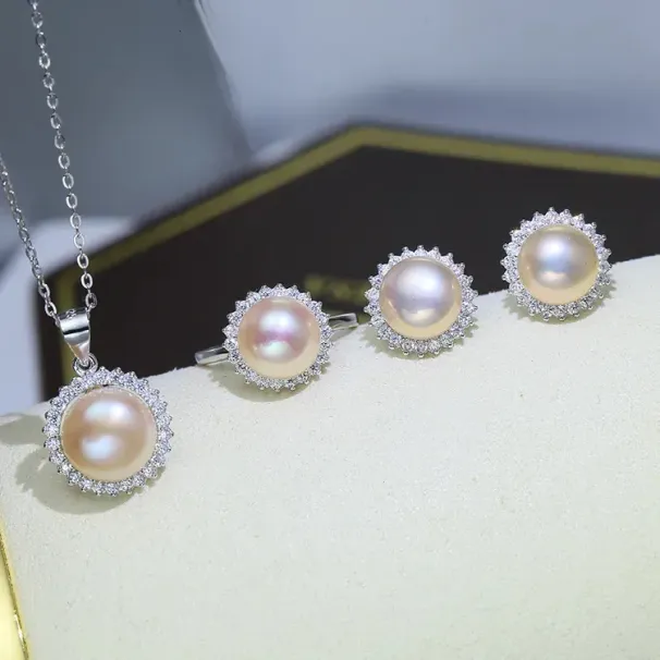 MeiBaPJ Set di gioielli da sposa in argento sterling con fiore di sole e perle d'acqua dolce naturali, anello e orecchini per donna_voghion.com