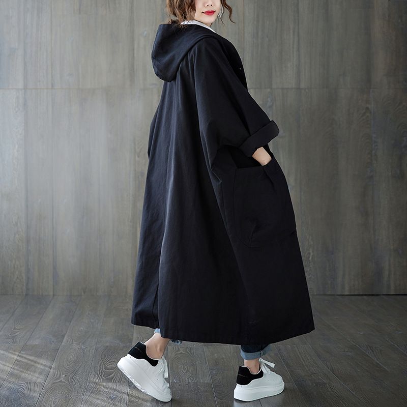 Women's Clothing New Art Loose Large Size Over the Knee Long Large Pocket Windbreaker Jacket Women Hooded Commuter Leisure_voghion.com