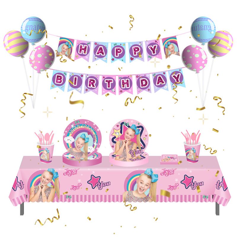 Jojo-vaso de papel para fiesta de cumpleaños para niña, plato de papel, cuchillo, cuchara, mantel, cartel para pastel, decoración de cumpleaños_voghion.com