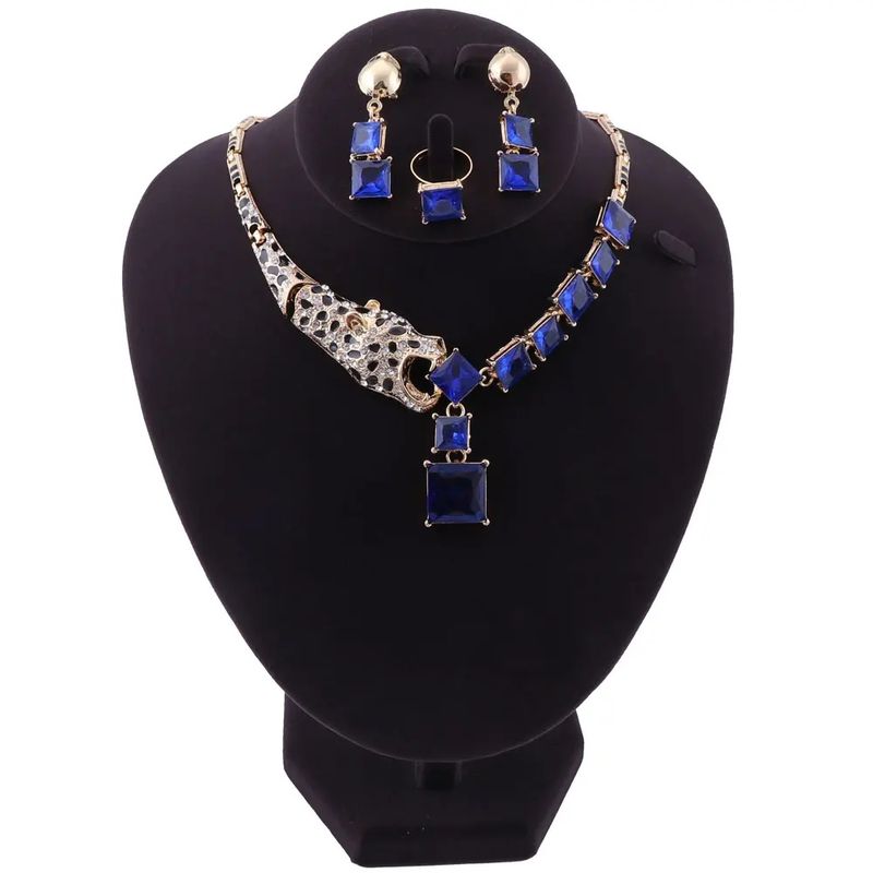 Luxury Gold Color Blue Crystal Leopard Statement Necklace Earring Ring For Women Party Wedding Jewelry Sets_voghion.com