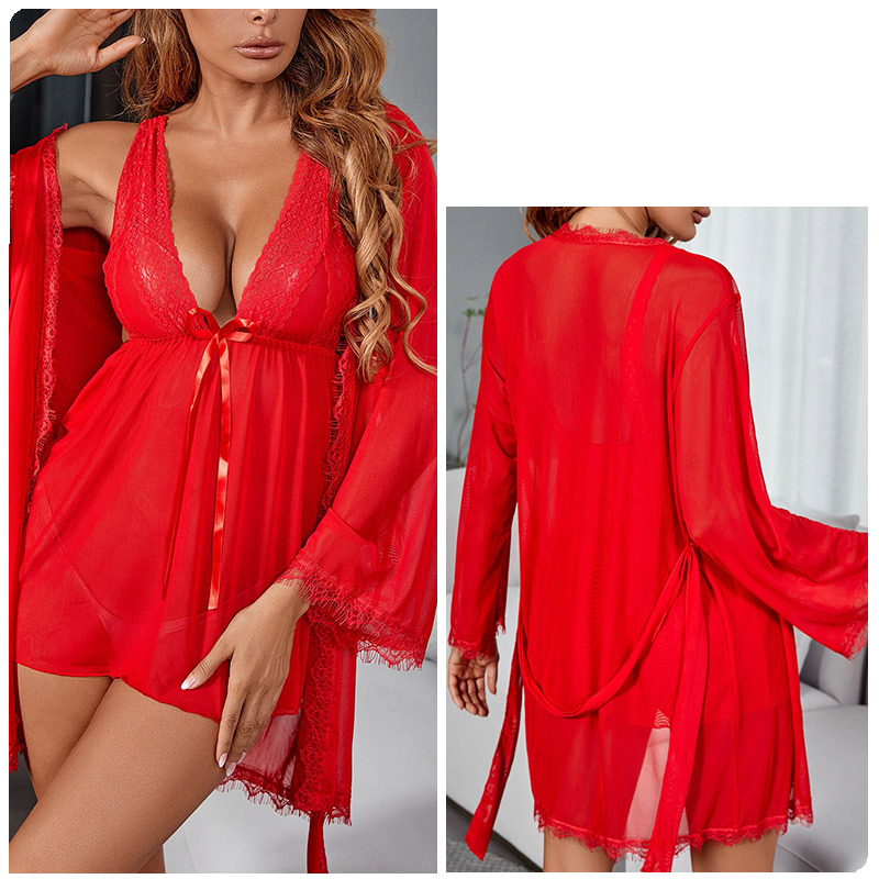 Women's clothing large size sexy suspender skirt female pure desire pajamas lace mesh outer robe nightgown home clothes suit_voghion.com