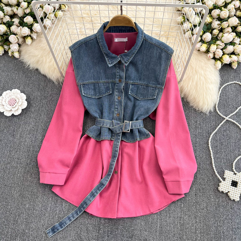Women's Clothing autumn and winter new retro Hong Kong style temperament single breasted shirt skirt single breasted denim splicing A line dress_voghion.com