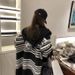 K Retro Wave Stripe Sweater; Black And White Color-blocked Cardigan; Loose Mid-length Knitted Jacket; Hooded Coat For Women_voghion.com