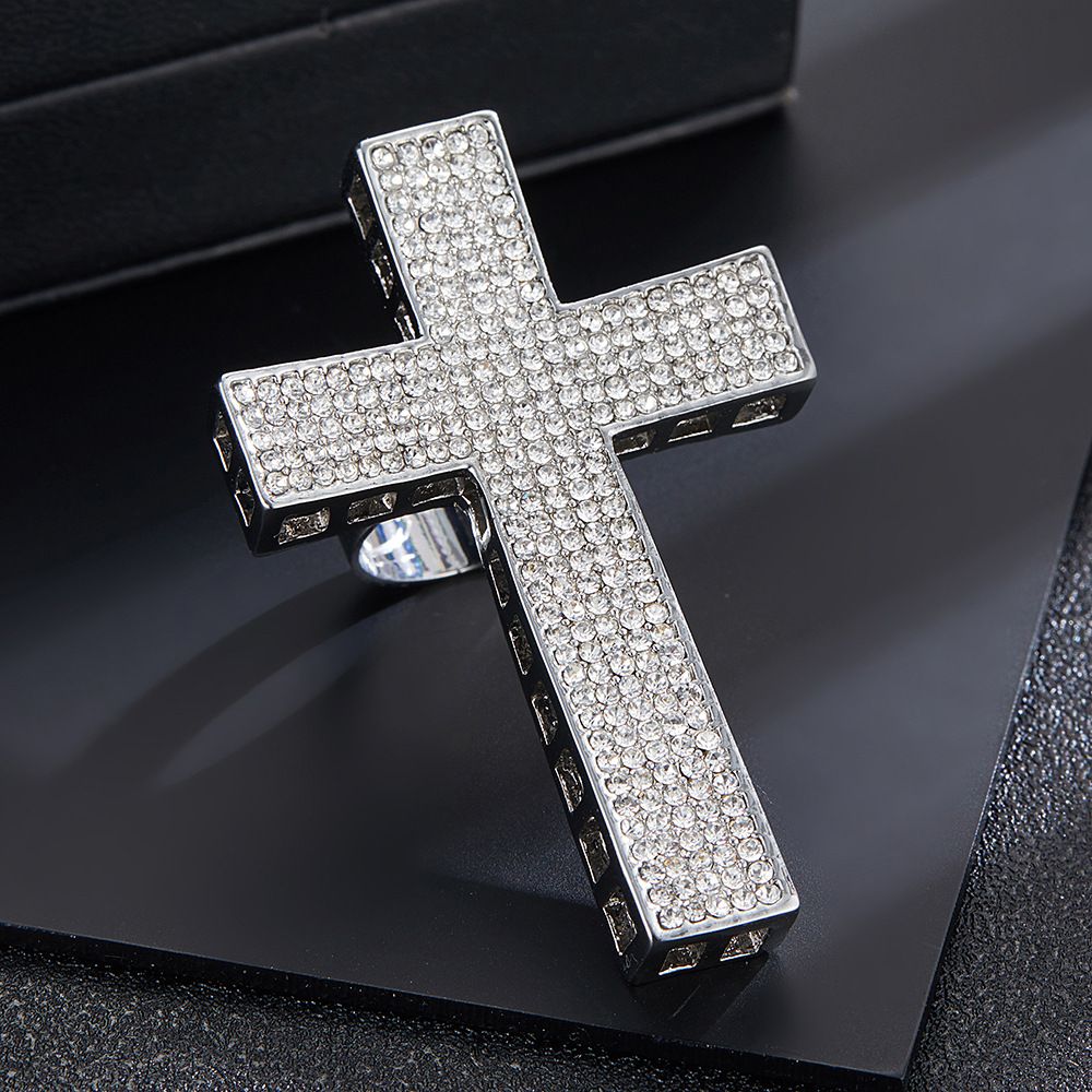 Anello aperto a forma di croce in lega versatile alla moda con diamanti_voghion.com