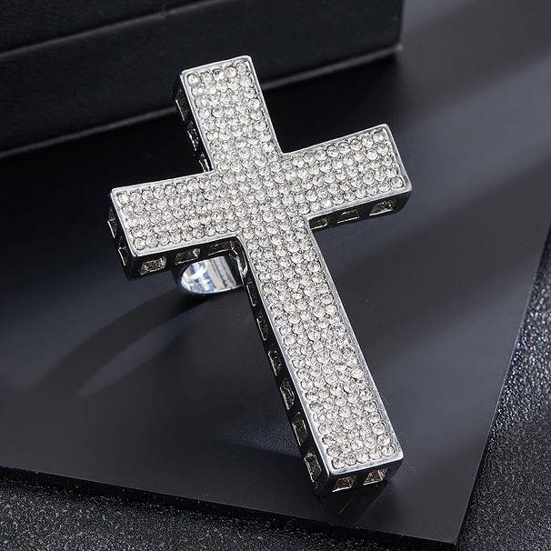 Anello aperto a forma di croce in lega versatile alla moda con diamanti_voghion.com