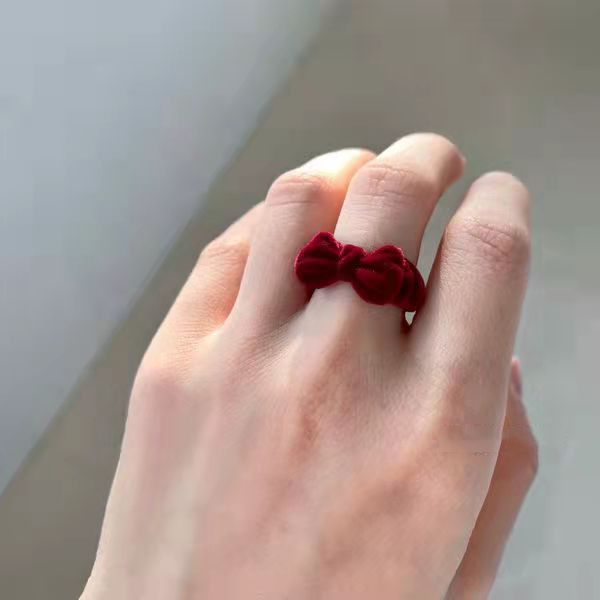 Anello regolabile con fiocco floccato, stile francese aperto, dolce e carino, tendenza autunno inverno_voghion.com