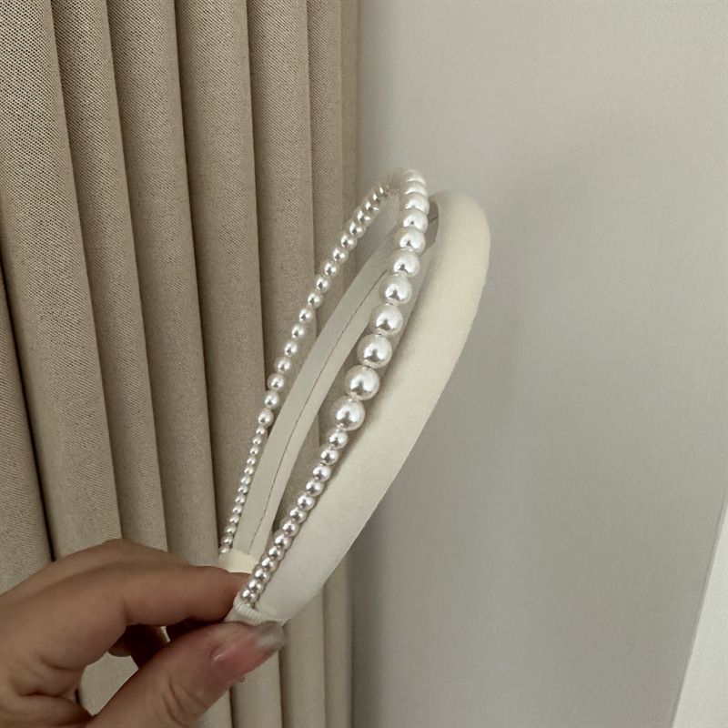 Narrow Double-layer Hair Band Satin Pearl Elegant Double-layer Headband Highlight Pearl High-grade All-match Hair Accessories_voghion.com