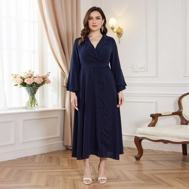 Elegantes muslimisches Abaya-Kleid mit Gürtel – schlichtes Maxikleid in Übergröße mit langen Ärmeln für Damen – atmungsaktives Polyestergewebe – Blau_voghion.com