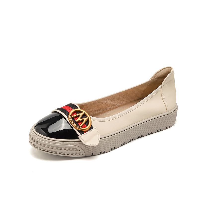 Color blocking buckle with gold label M buckle, shallow mouth soft leather loafers, thick soled shoes for women_voghion.com