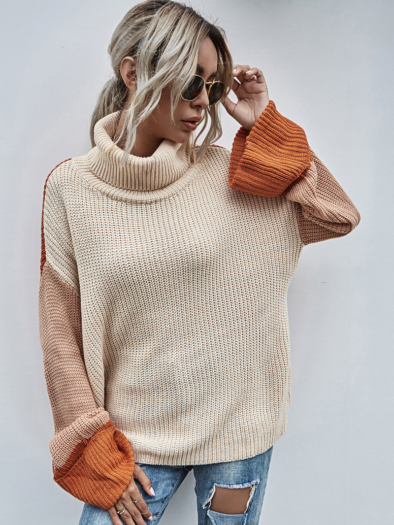 Women's fashion color matching lapel color pullover sweater_voghion.com