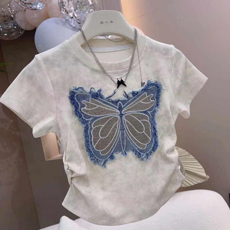 Mamm & Kanner Meedercher 2024 Summerkostümer nei Summer Kanner stilvoll Kuerzärm T-Shirten Casual Net Promi Jeansrock Zweedeel Kostüm_voghion.com