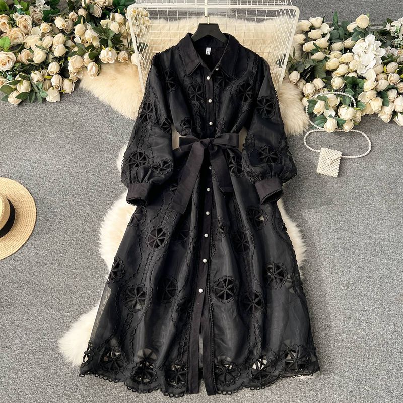 Vestido estilo palacio para mujer, nuevo estilo, bordado pesado, flor hueca, abotonado, corte entallado, largo medio, manga abullonada_voghion.com