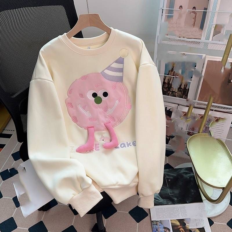 Composite Super Plus Velvet Thickened 400g Hoodie Women's 3D Decorative Embroidered Round Neck Warm Top 200kg_voghion.com
