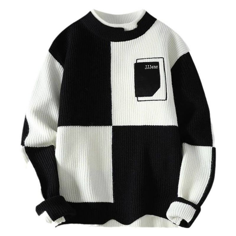 Men's Clothing New style pullover sweater men's long sleeved round neck color matching youth men's loose casual knitted sweater brand_voghion.com