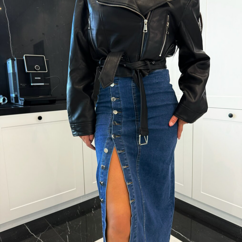 Îmbrăcăminte pentru damă, nasturi, cu fantă neregulată, fustă din denim, cu talie înaltă, sexy, subțire, la șold._voghion.com