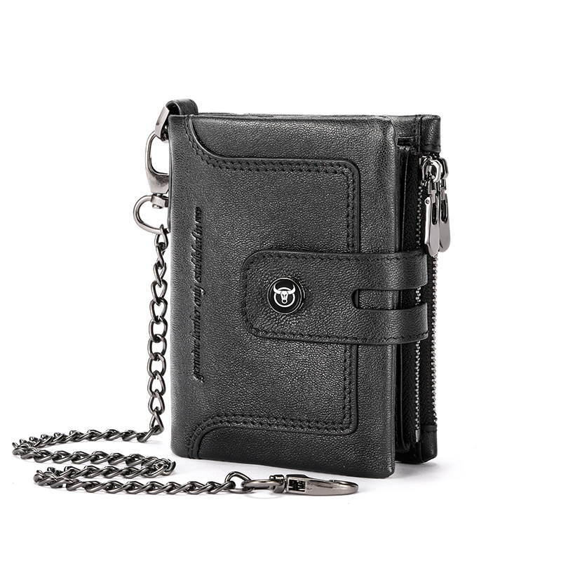 BULLCAPTAIN zipper tower buckle genuine leather men's wallet vertical multi card slots first layer cowhide wallet_voghion.com