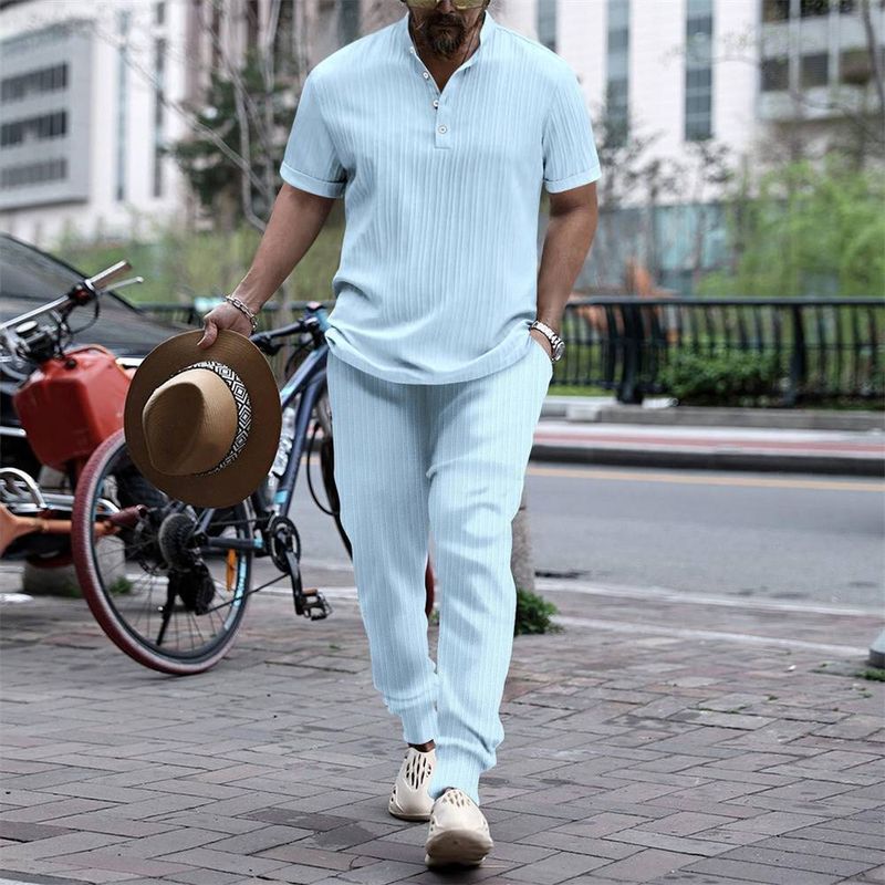 Conjuntos casuales de 2 piezas para hombre, estilo europeo-americano, con camiseta de manga corta y pantalones largos, tallas S-3XL, verano 2025_voghion.com
