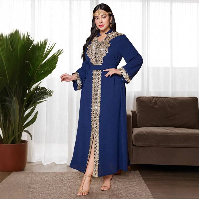 Robe de soirée musulmane à broderies et appliques diamantées pour femme_voghion.com