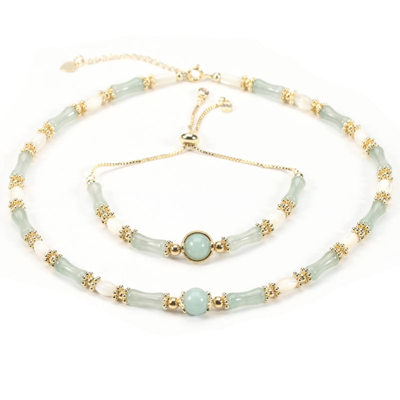 Shell Bambus Licht Grün Aventurin Natürliche Stein Armband Halskette Set Weibliche_voghion.com