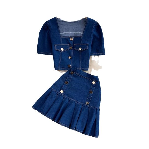 Naisten vaatteet kuuma tyttö neliömäinen kaula kupla lyhythihainen farkkupaita kaksiosainen puku korkea vyötärö laskoshame_voghion.com