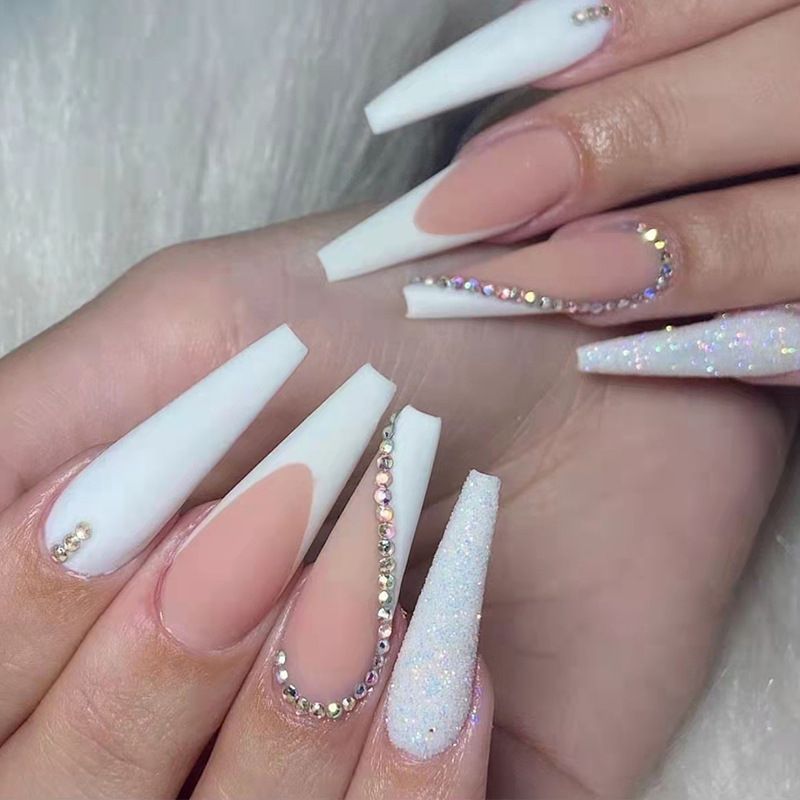 Simple 24Pcs Ballet Fake Nail Tips With Glue Long Coffin French False N Artifical Wearable Press On N Finished_voghion.com