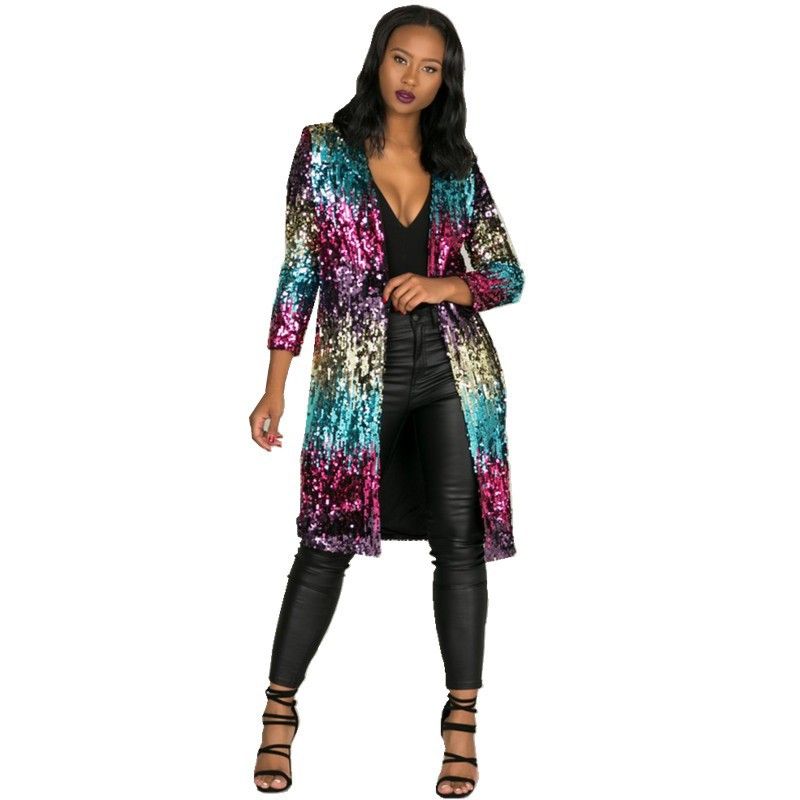 Women's color sequins long trench coat urban casual gradient cardigan coat_voghion.com
