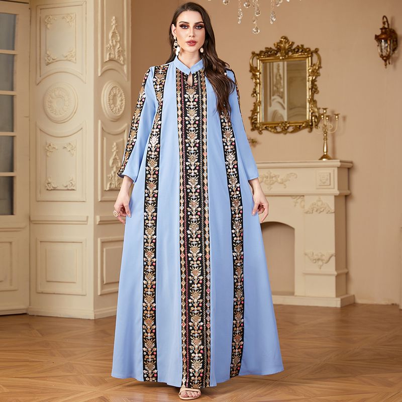 Women's Clothing Muslim Dubai Long Skirt V Neck Embroidery Splicing Contrast Color Foreign Trade Polyester Dress_voghion.com