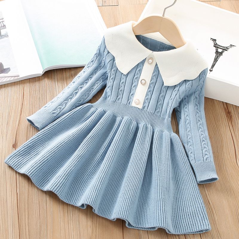 Mädchen Pullover Kleid Mode Einfarbig Kleine Mädchen Gestrickte Langarm Prinzessin Kleid Mode_voghion.com