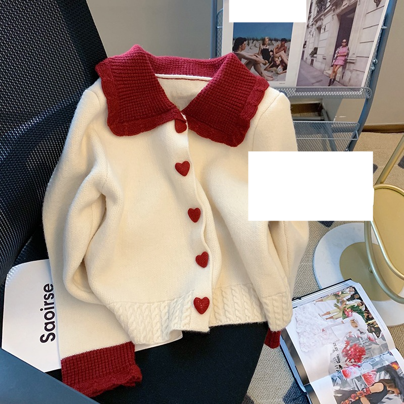 Abbigliamento donna Primavera e autunno nuovo maglione retrò per donna nuovo cardigan lavorato a maglia corto e largo con colletto a bambola Natale rosso brillante_voghion.com
