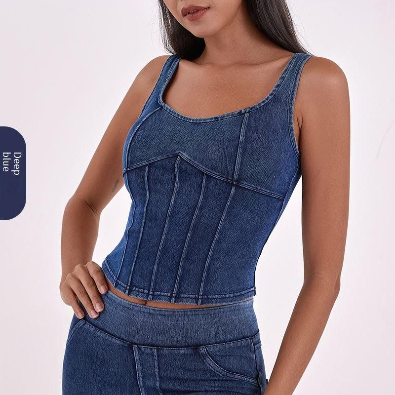 Women's Clothing New Denim Yoga Camisole Vest For Women With Elastic Tights And Chest Pads For Beautiful Back Sports Wear Fitness Tops_voghion.com