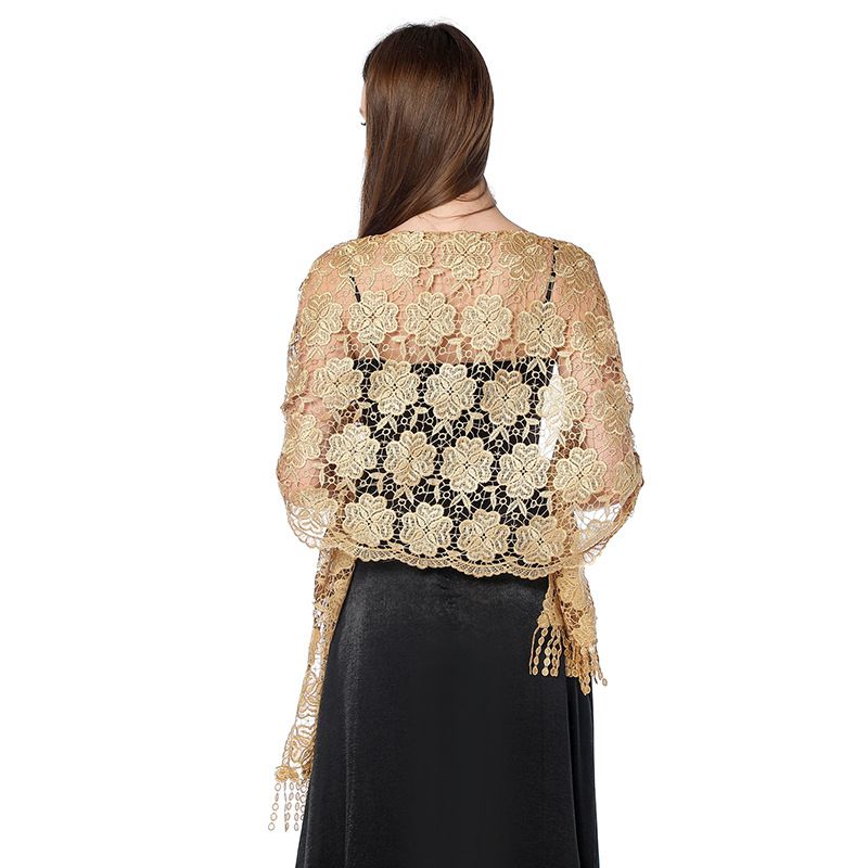 Hochwertiges, elegantes Abendkleid aus Spitze im Ethno-Stil mit besticktem Quasten-Schal für Damen_voghion.com