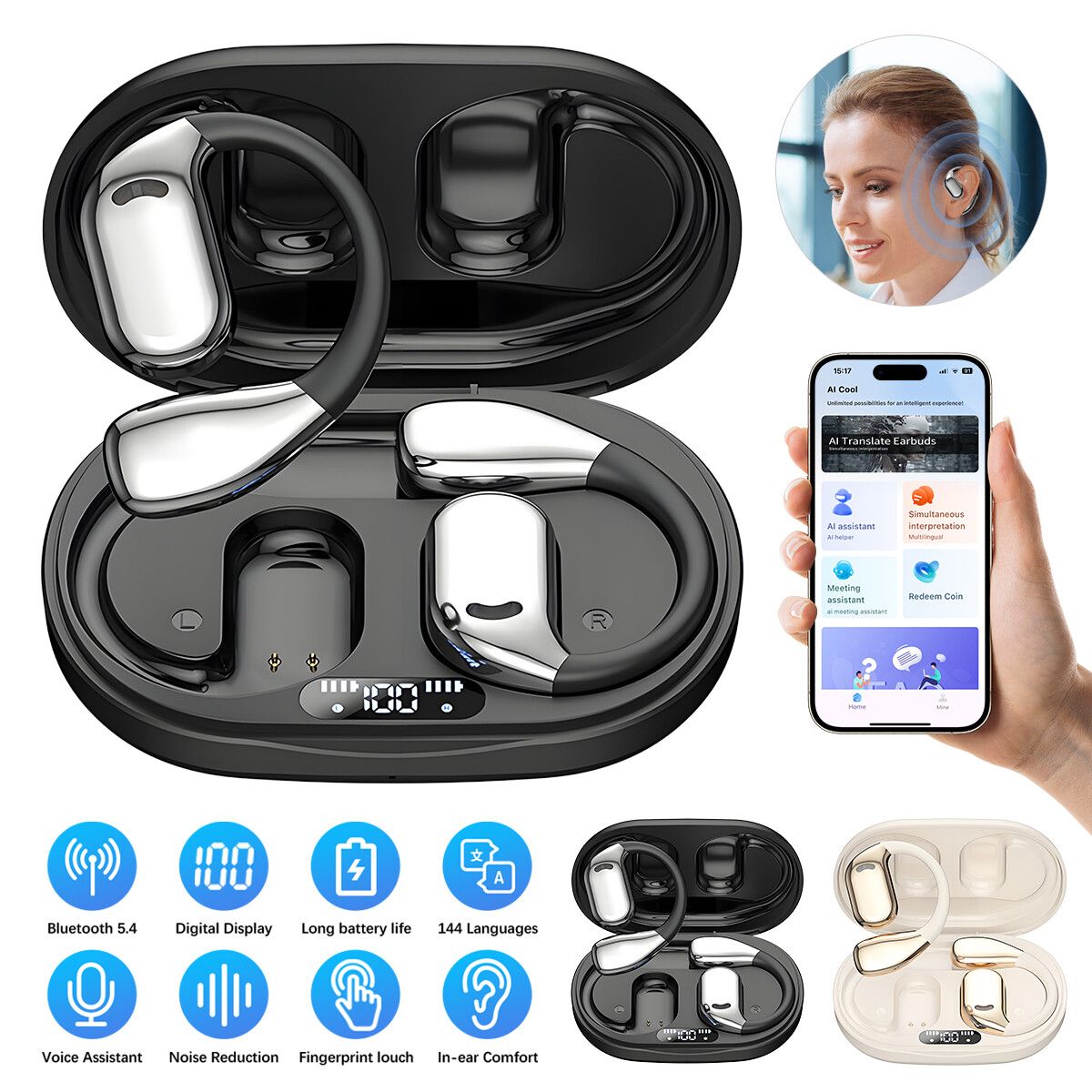 144 Language Translator Earbuds Bluetooth Two-Way Real Time Smart Translation UK_voghion.com