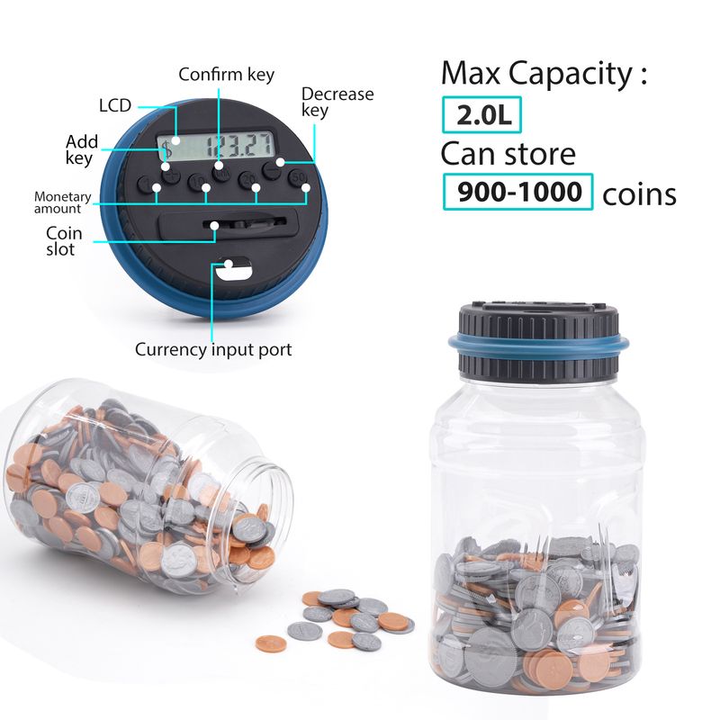 La tercera generación de alcancía contadora reconoce la cantidad de monedas estadounidenses y la pantalla LCD, y el botón de cantidad de billetes._voghion.com