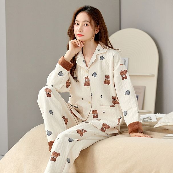 Damen Herbst und Strickjacken, Baumwolle Langarm Nachtwäsche, Sandwich Baumwolle, Dicker, Warmer, Atmungsaktiver Winter Home Anzug_voghion.com