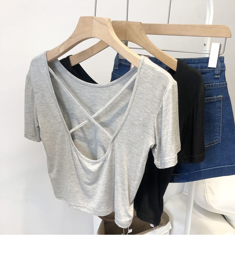 2024 zomer nieuwe versie slim fit dunne voorzichtig kruis mooie rug korte onderkant korte mouwen T-shirt tops voor vrouwen_voghion.com