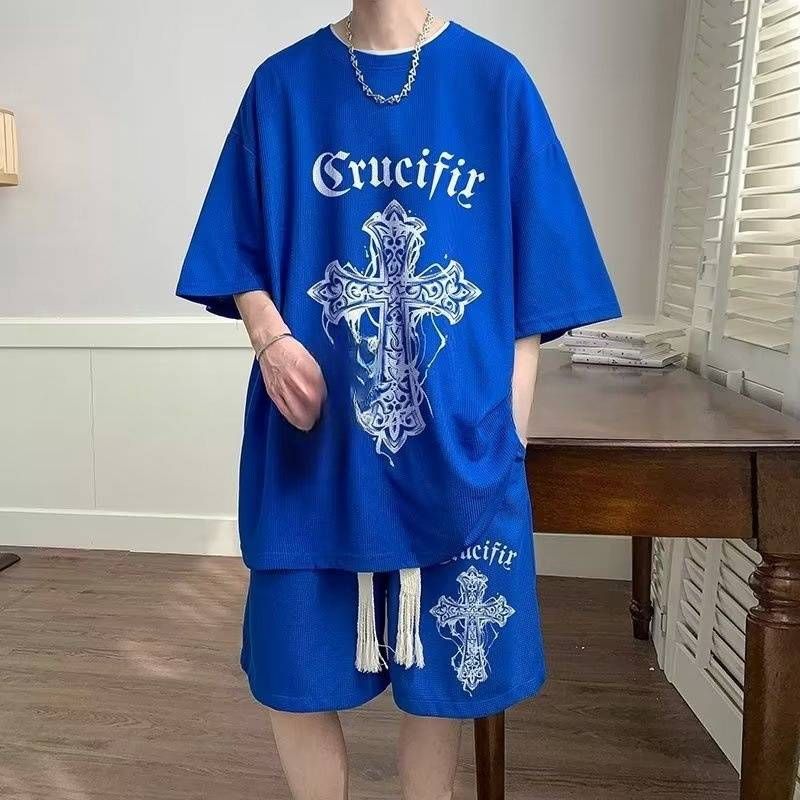 Men's Waffle Casual Suit Thin Loose Large Size Short-Sleeved T-Shirt Shorts Set_voghion.com